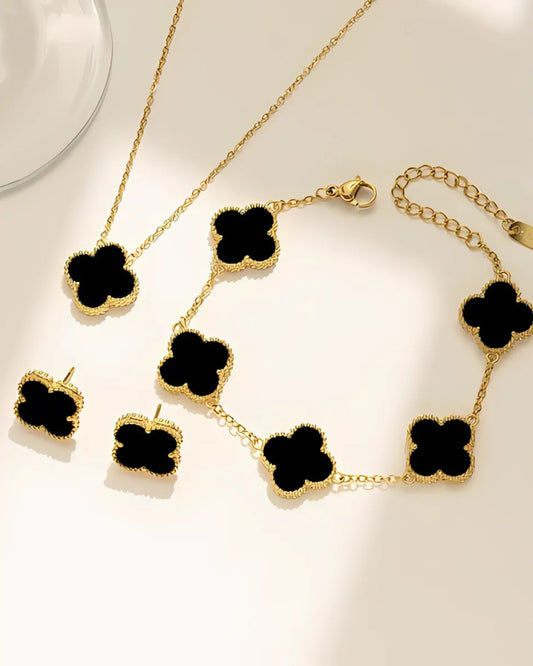 Anti-Tarnish Gold-Plated Black Clover Jewellery Set