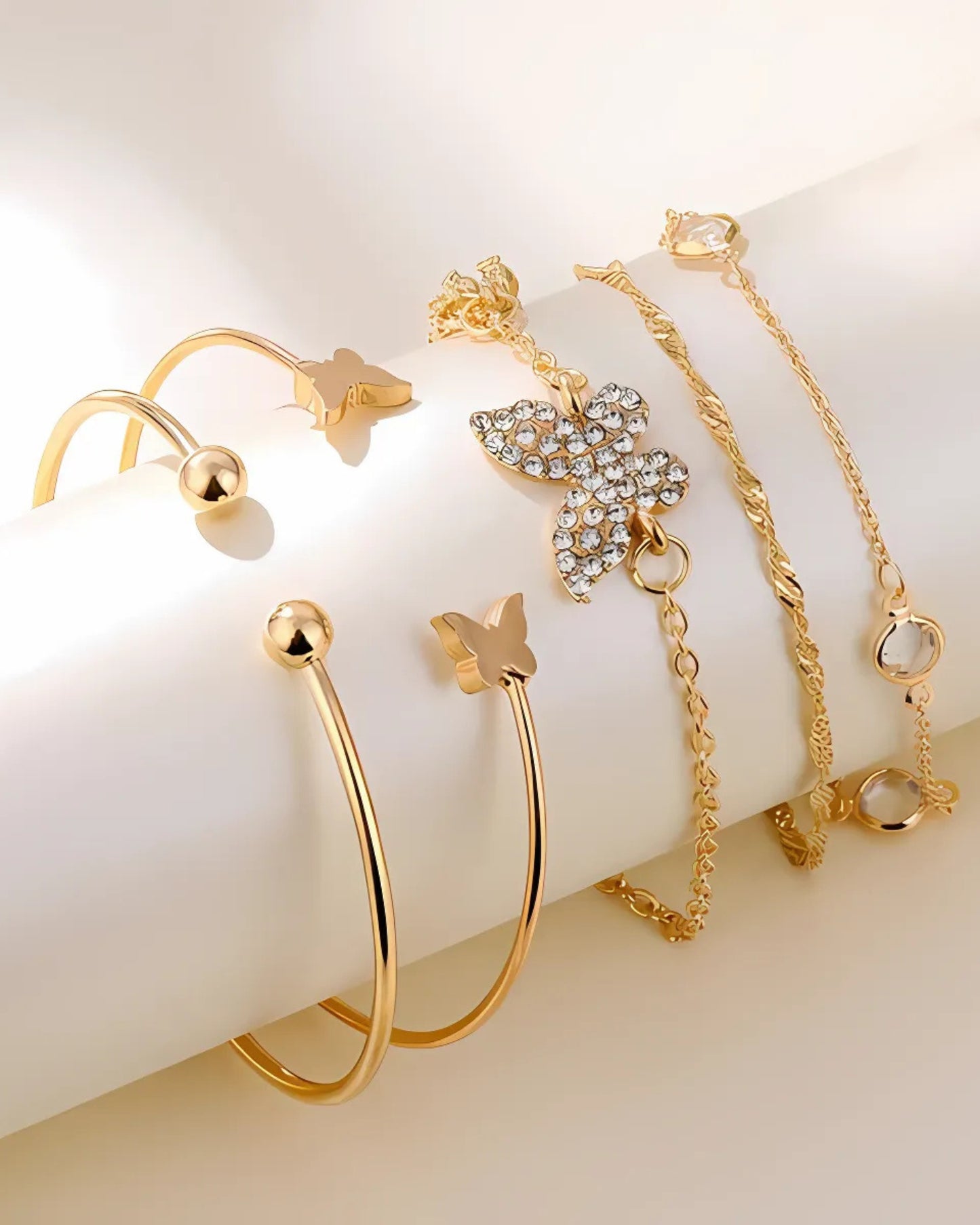 Gold-Plated Collection of 5 Stackable Butterfly Bracelets