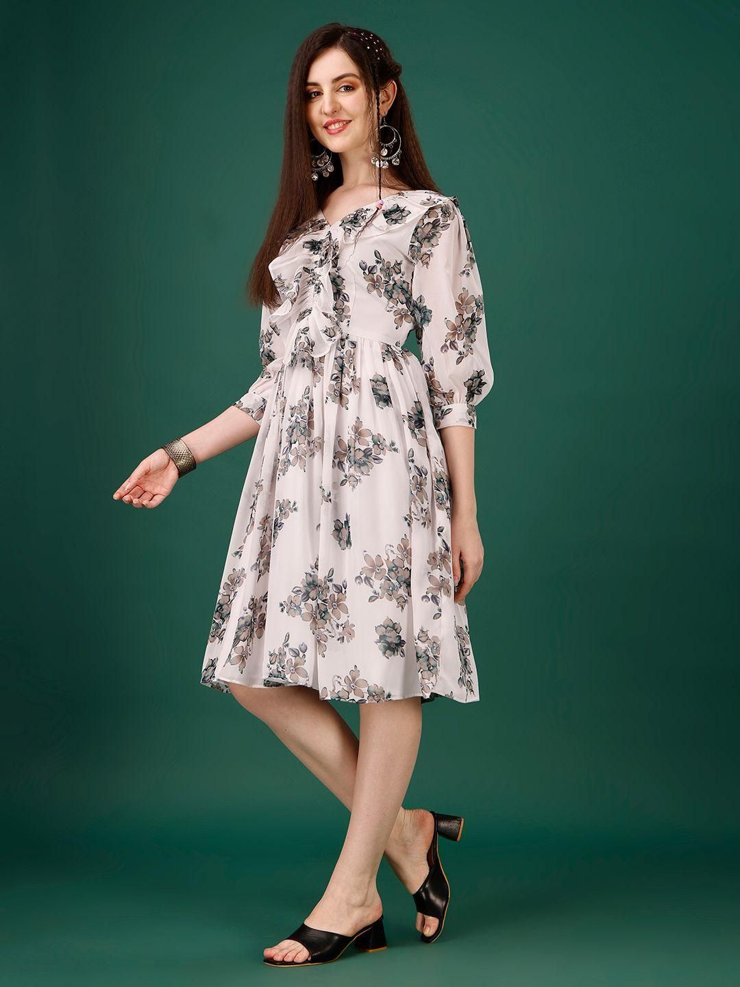 Georgette Floral Print Flared Short Dress