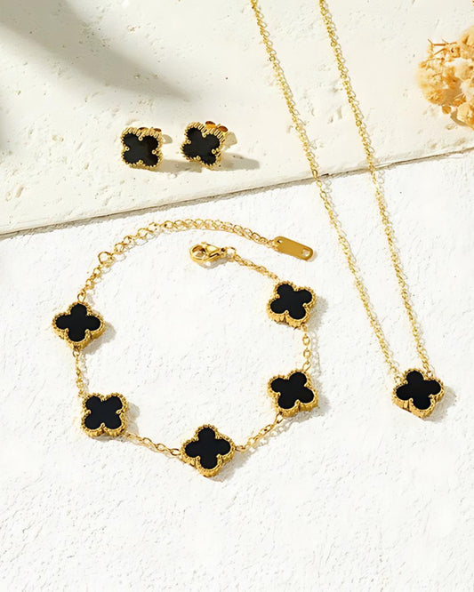 Anti-Tarnish Gold-Plated Black Clover Jewellery Set