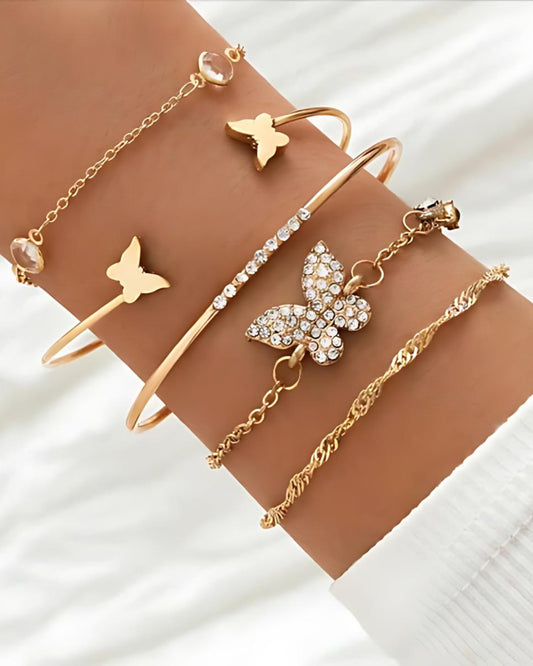 Gold-Plated Collection of 5 Stackable Butterfly Bracelets