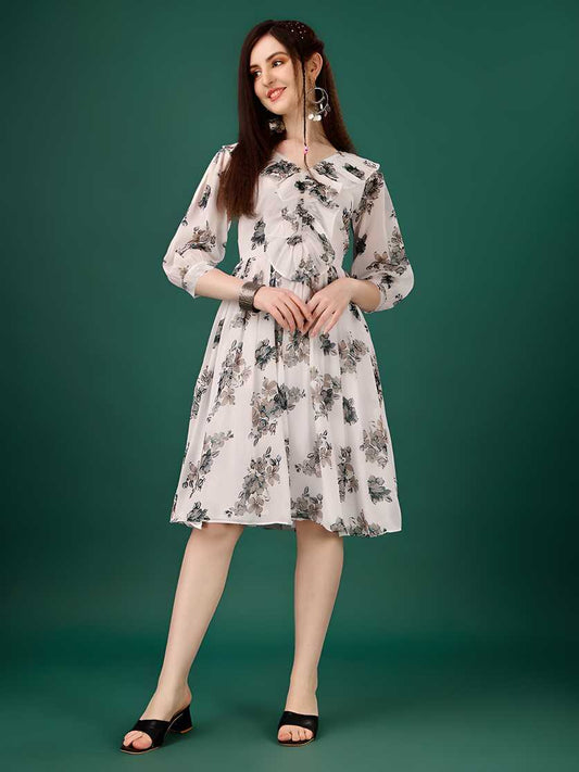 Georgette Floral Print Flared Short Dress
